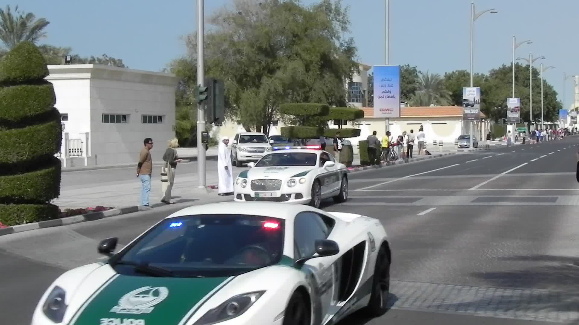 Dubai Police supercars lined up on a Dubai street