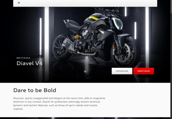 Ducati Diavel V4 naked power cruiser parked in a dark studio, the platform expected to gain a new V4 S variant for 2027