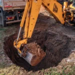 An excavator bucket digging a deep hole in dirt