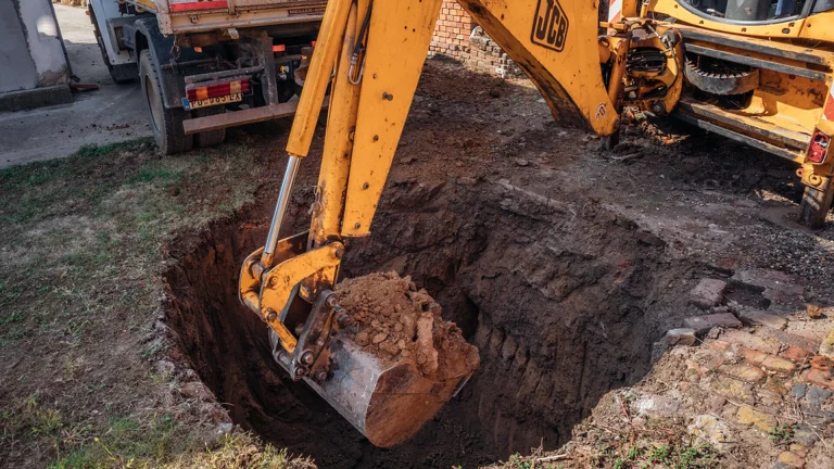 An excavator bucket digging a deep hole in dirt