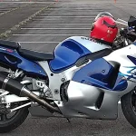 A 2000 Suzuki Hayabusa GSX1300R in blue and silver, the first-generation body style