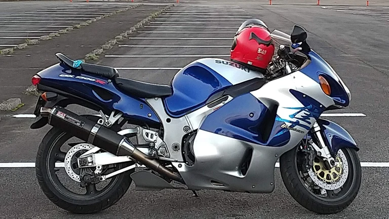 A 2000 Suzuki Hayabusa GSX1300R in blue and silver, the first-generation body style