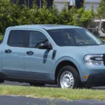 A 2022 Ford Maverick XL in Area 51 blue, the compact unibody pickup Tucci Hot Rods is fitting with a twin-turbo Coyote V8