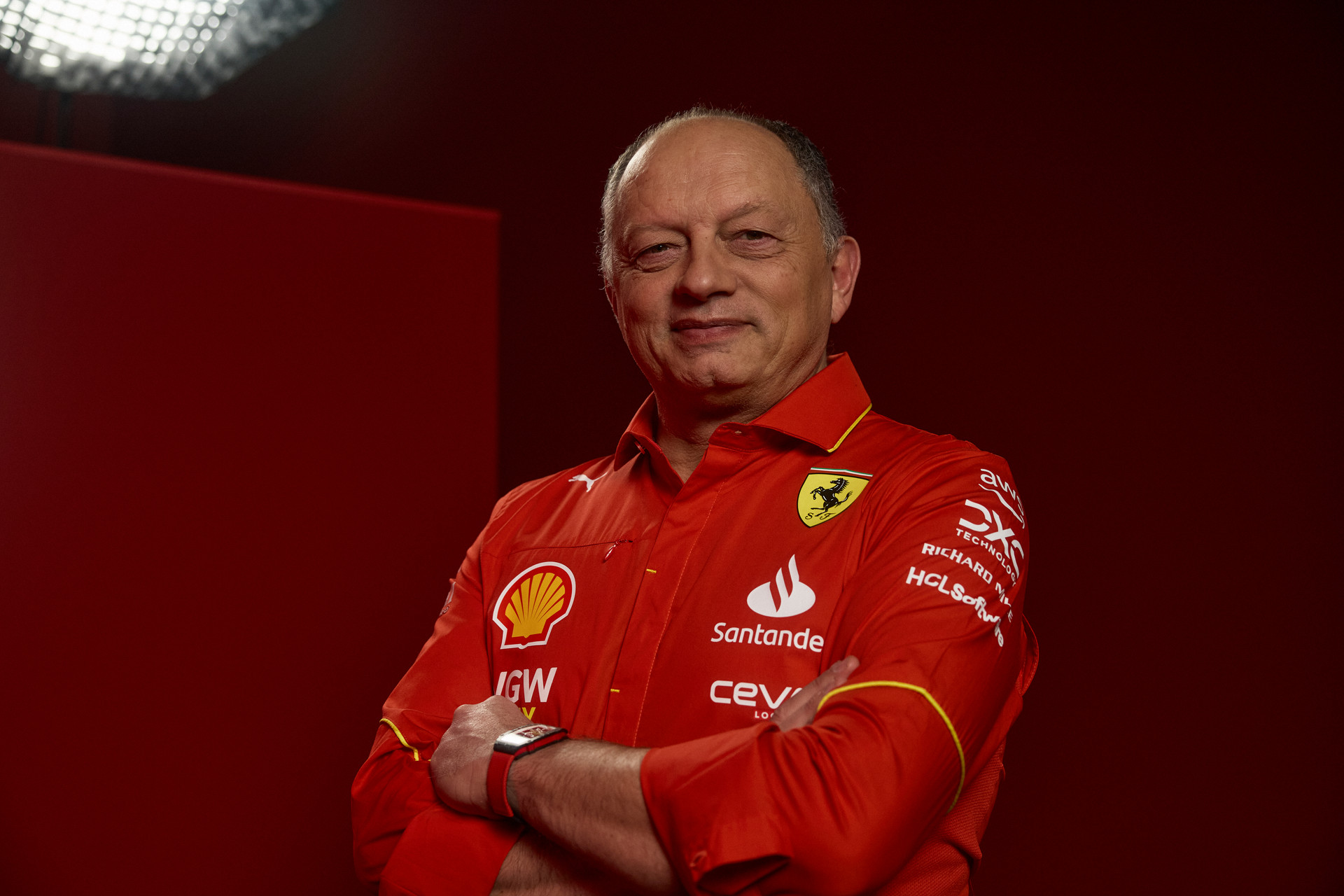 Fred Vasseur, Ferrari Formula 1 team principal, in red team shirt with arms folded