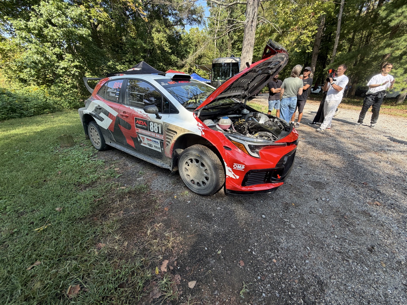 The #881 Toyota GR Corolla Rally RC2 at the Overmountain Rally in Tennessee, front view