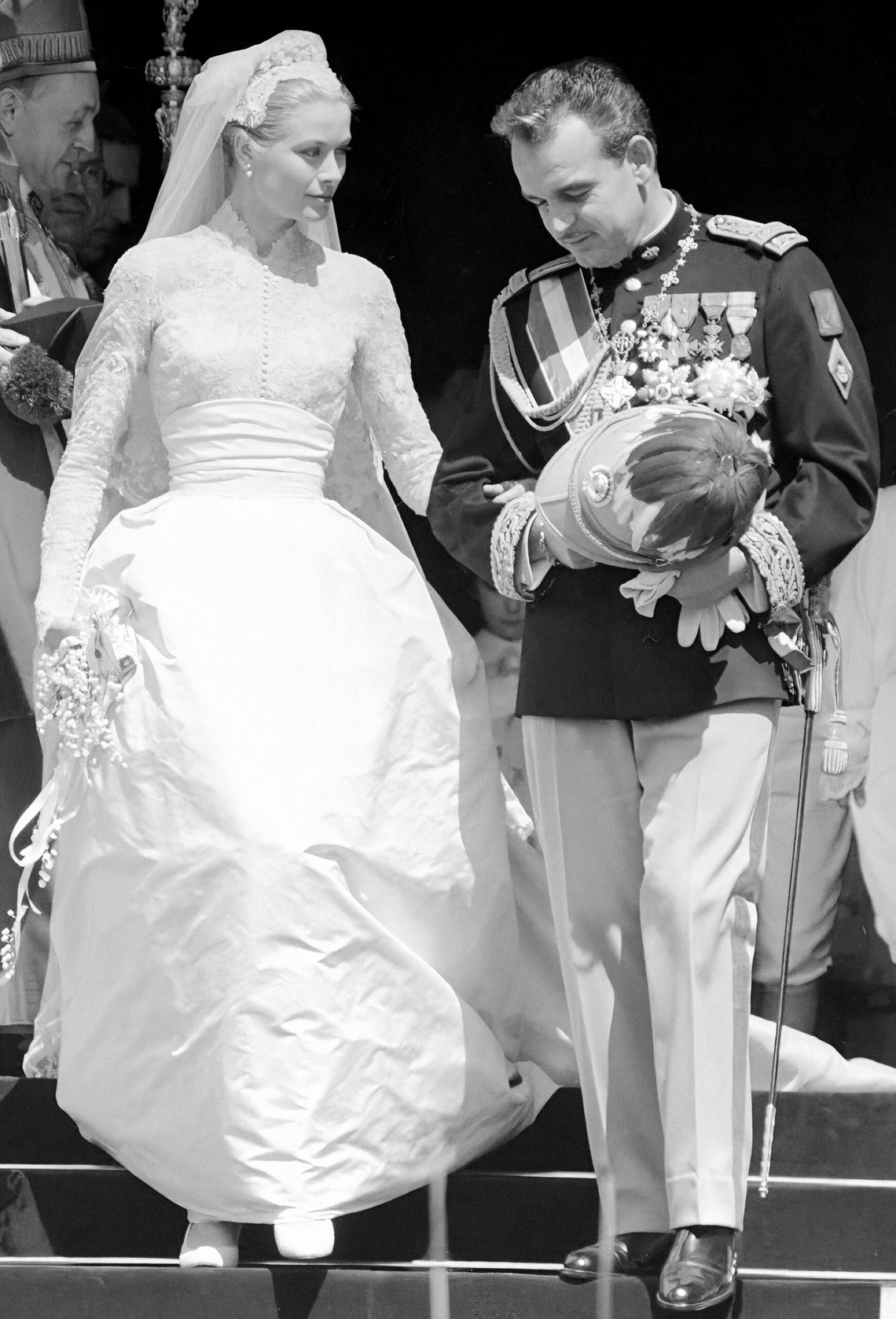 Grace Kelly and Prince Rainier III on their wedding day in 1956