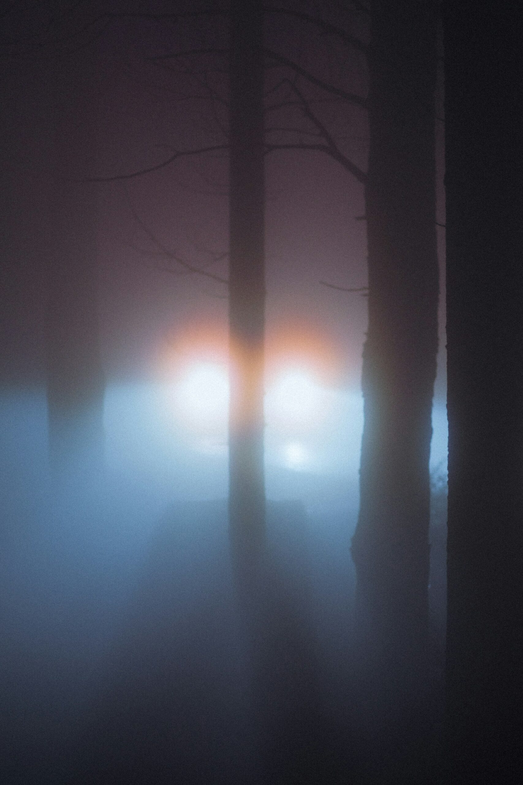 Car headlights cutting through fog on a dark road at night