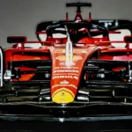 Front view of a red formula 1 race car