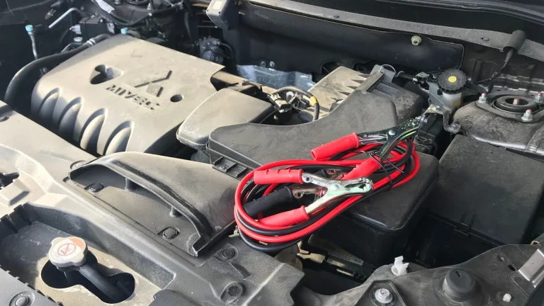 Red jumper clamps connected to a car battery in an engine bay