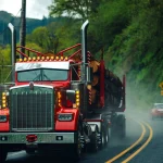 A red semi-truck hauling a load of logs on a two-lane highway