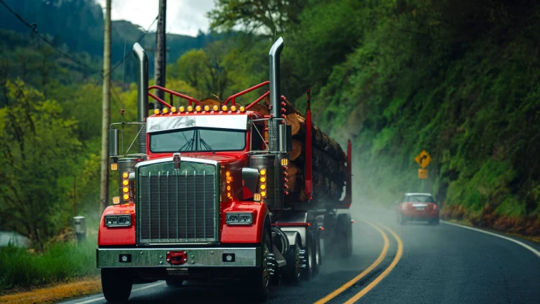 A red semi-truck hauling a load of logs on a two-lane highway