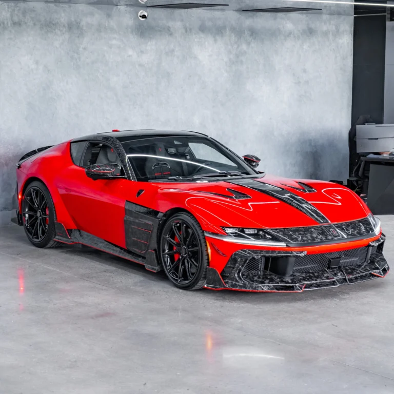Red Ferrari 12Cilindri with Mansory forged carbon fiber front bumper, hood stripe and side panels