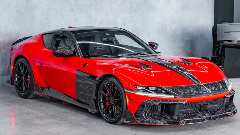Red Ferrari 12Cilindri with Mansory forged carbon fiber front bumper, hood stripe and side panels