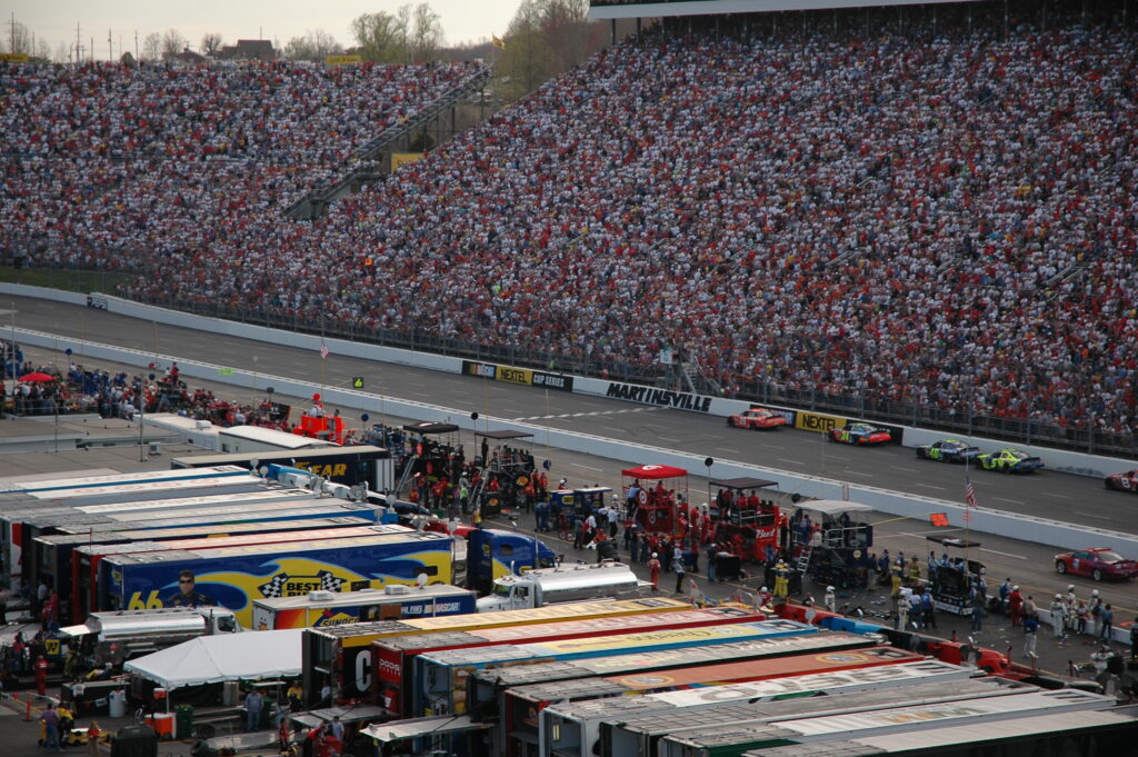 Martinsville Speedway pit road and frontstretch grandstands