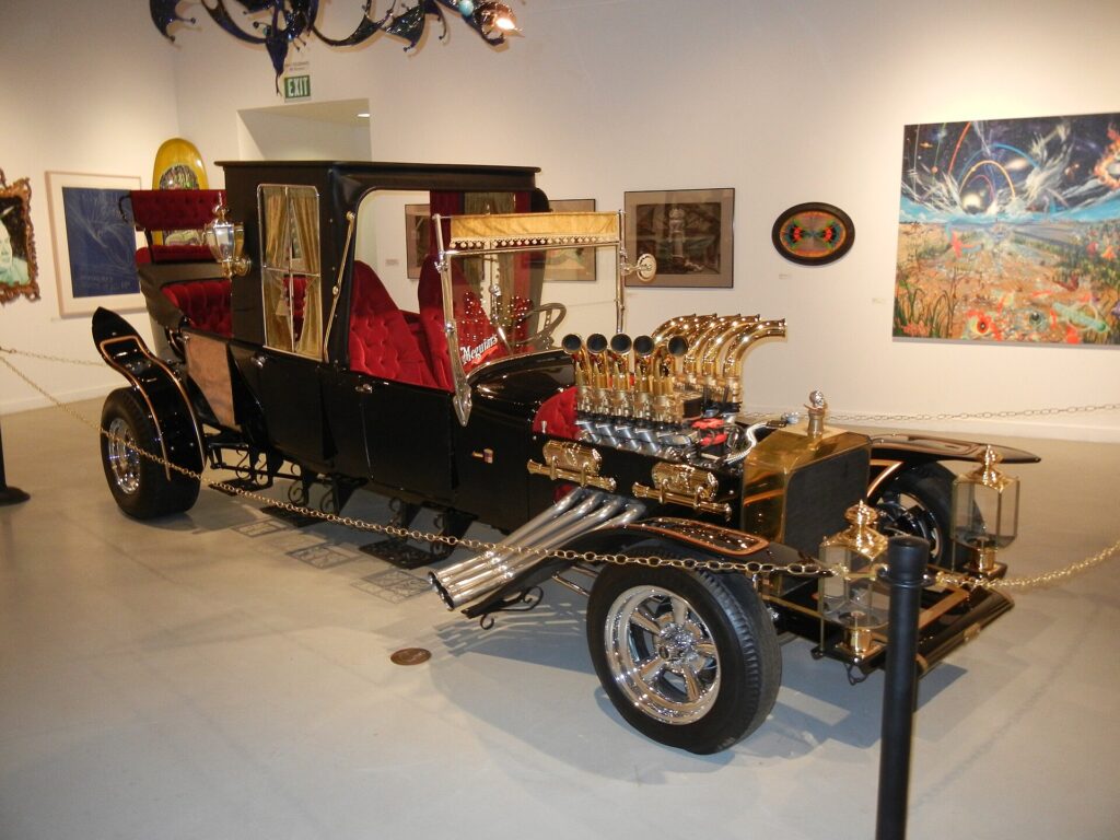 The Munster Koach, an 18-foot black hot rod hearse with gold scrollwork and a red velvet interior