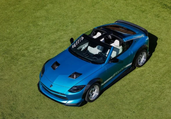 Overhead view of the Pacific Teal Nissan Z Kaze concept with both T-top roof panels removed