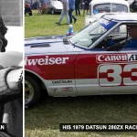 Paul Newman in racing gear beside his 1979 Datsun 280ZX race car