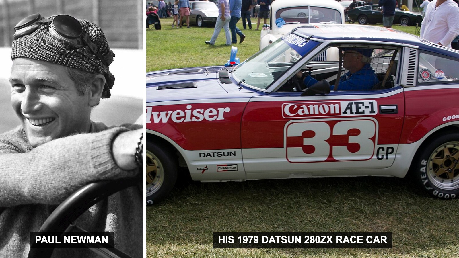 Paul Newman in racing gear beside his 1979 Datsun 280ZX race car