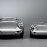 A full-size Porsche 550 Spyder parked beside the 80-percent-scale Porsche 550 J by Hedley Studios