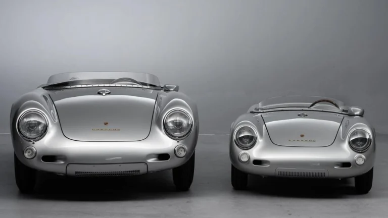 A full-size Porsche 550 Spyder parked beside the 80-percent-scale Porsche 550 J by Hedley Studios