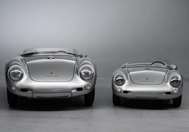 A full-size Porsche 550 Spyder parked beside the 80-percent-scale Porsche 550 J by Hedley Studios