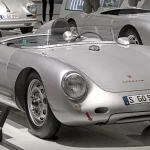 Silver Porsche 550 Spyder on display at the Porsche Museum