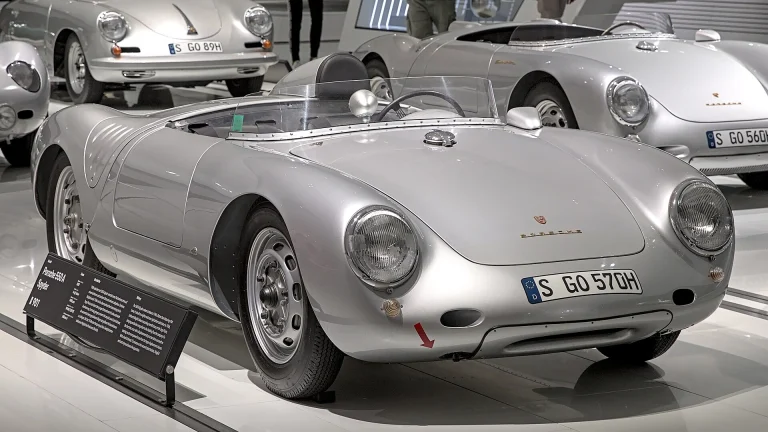 Silver Porsche 550 Spyder on display at the Porsche Museum