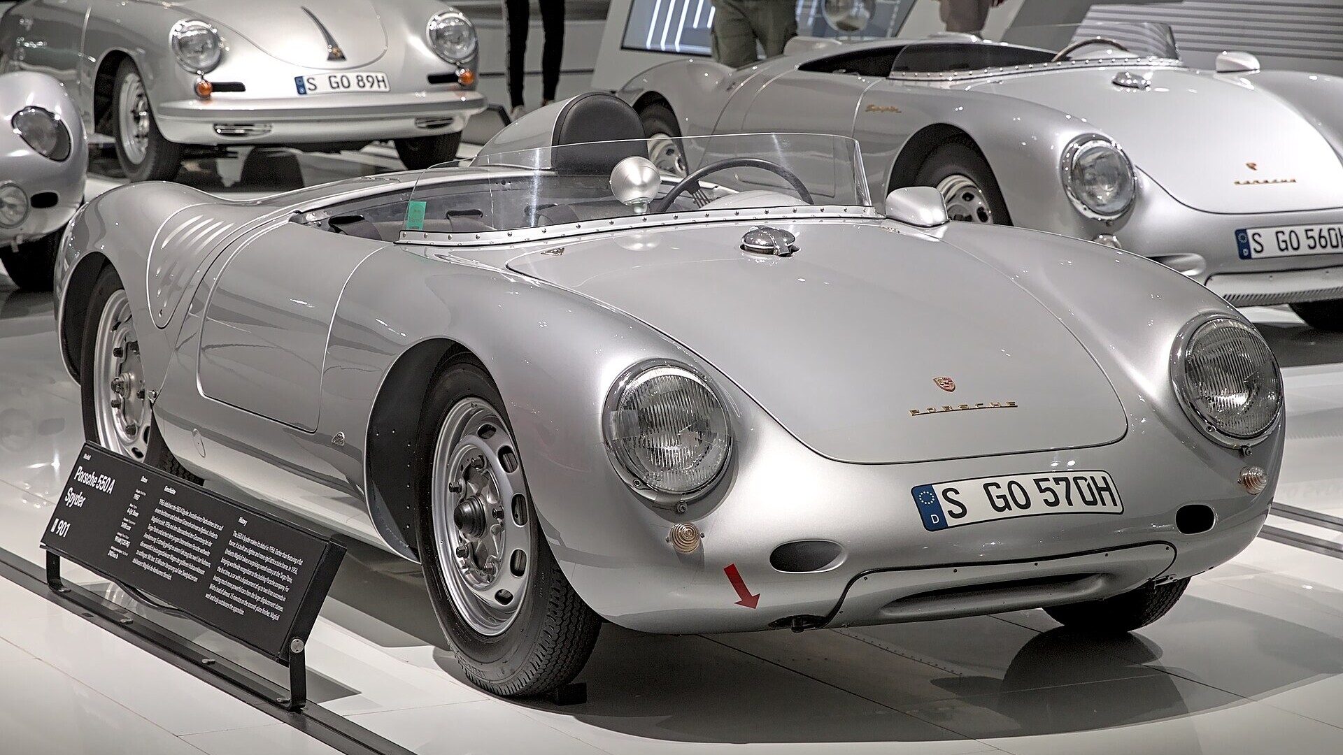 Silver Porsche 550 Spyder on display at the Porsche Museum