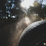 a close up of a tire on a road