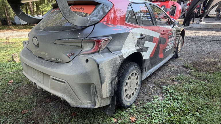 Rear view of the #881 Toyota GR Corolla Rally RC2 at the Overmountain Rally
