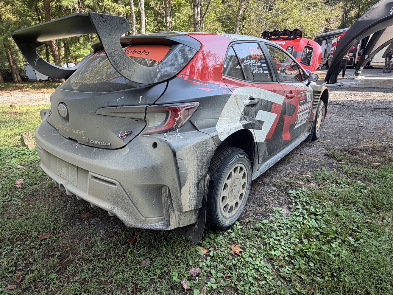 Rear view of the #881 Toyota GR Corolla Rally RC2 at the Overmountain Rally