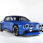 Blue Renault 8 Gordini Concept electric coupe, front three-quarter view