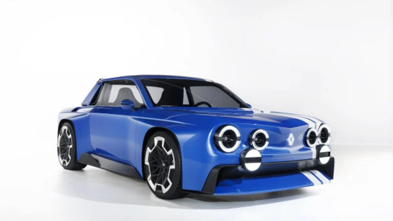 Blue Renault 8 Gordini Concept electric coupe, front three-quarter view