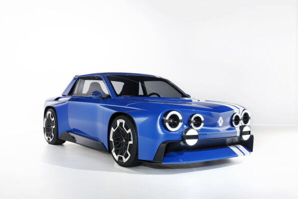 Blue Renault 8 Gordini Concept electric coupe, front three-quarter view
