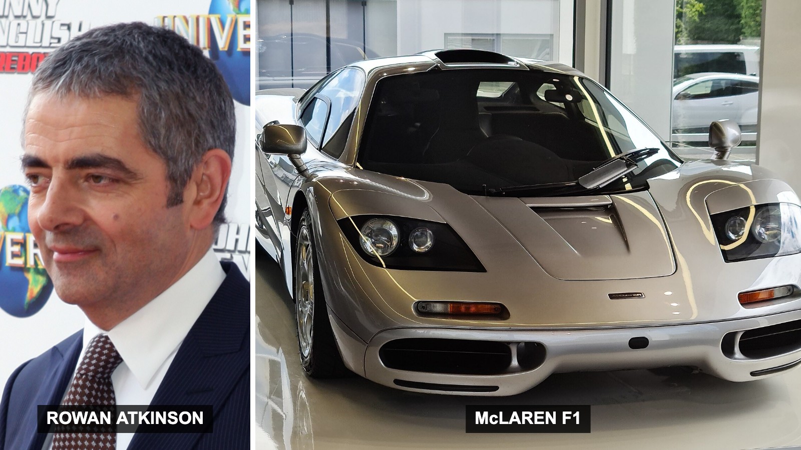 Rowan Atkinson next to a silver McLaren F1