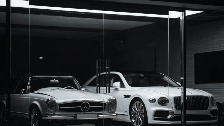 A vintage Mercedes-Benz and a modern Bentley parked behind a glass storefront