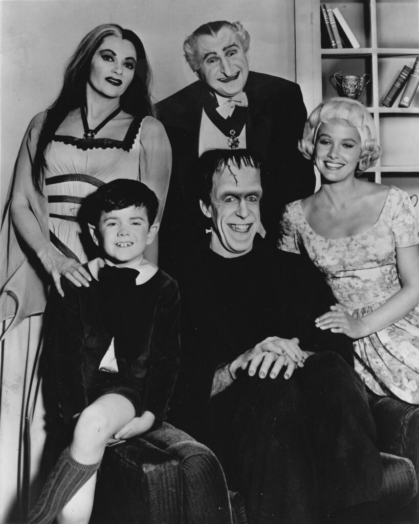 1964 CBS publicity photo of The Munsters cast: Butch Patrick, Fred Gwynne, Beverley Owen, Yvonne De Carlo and Al Lewis
