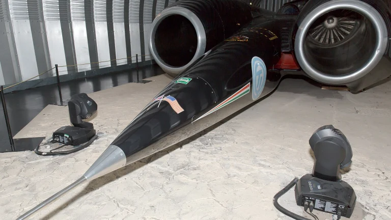 ThrustSSC twin-jet land speed record car on display at Coventry Transport Museum