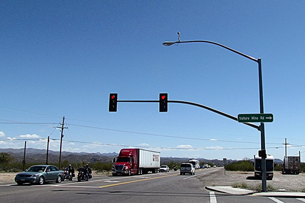 U.S. Route 93 at Vulture Mine Road in Wickenburg, Arizona, with desert hills