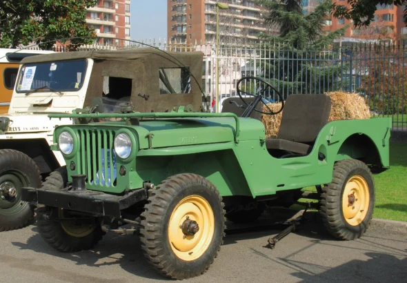 Green 1946 Willys CJ-2A with yellow wheels, the civilian Jeep that inspired the 2027 Wrangler JL-2A