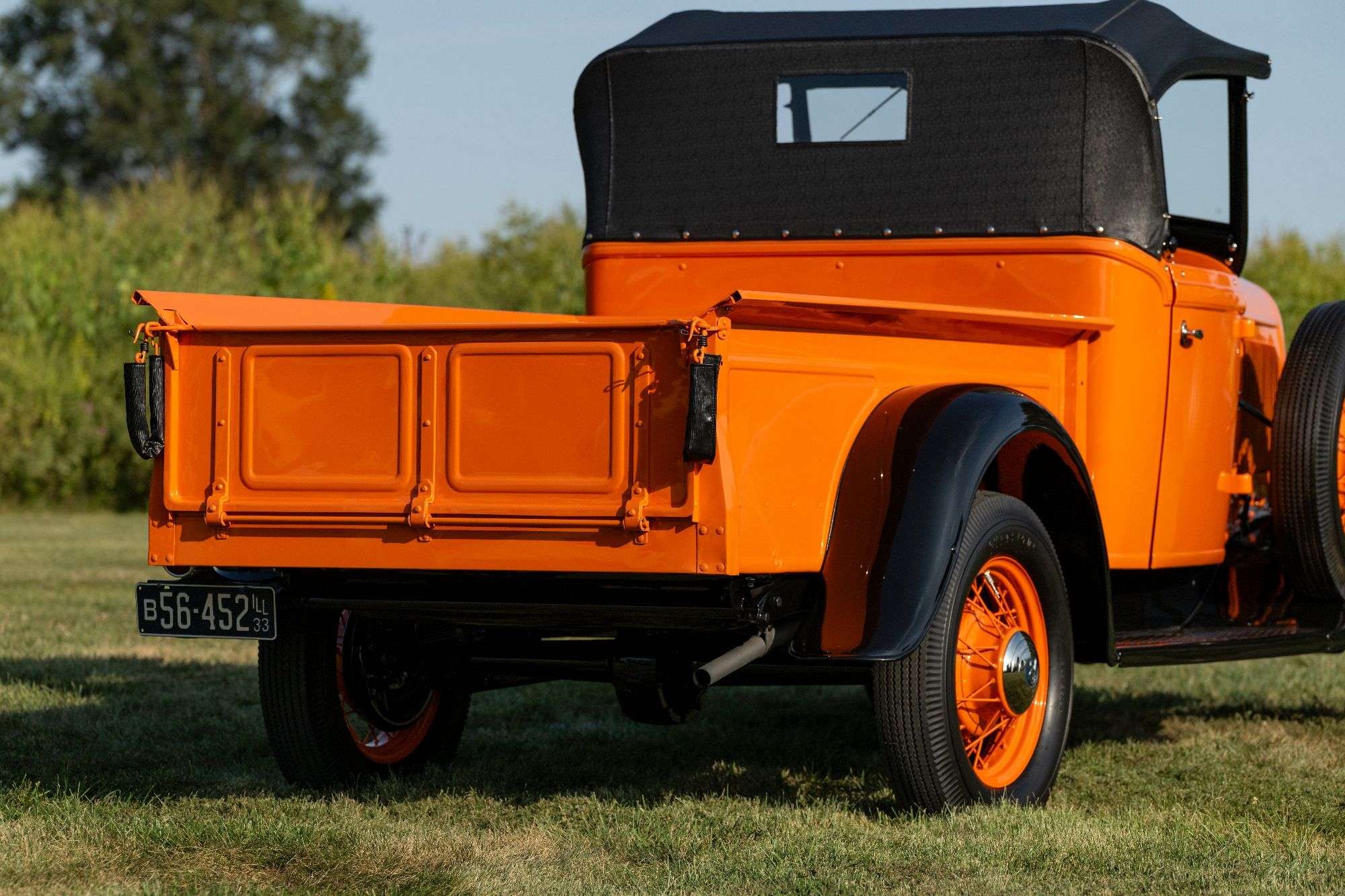 Rear three-quarter view of the 1933 Ford V8 Roadster Pickup showing the cargo bed