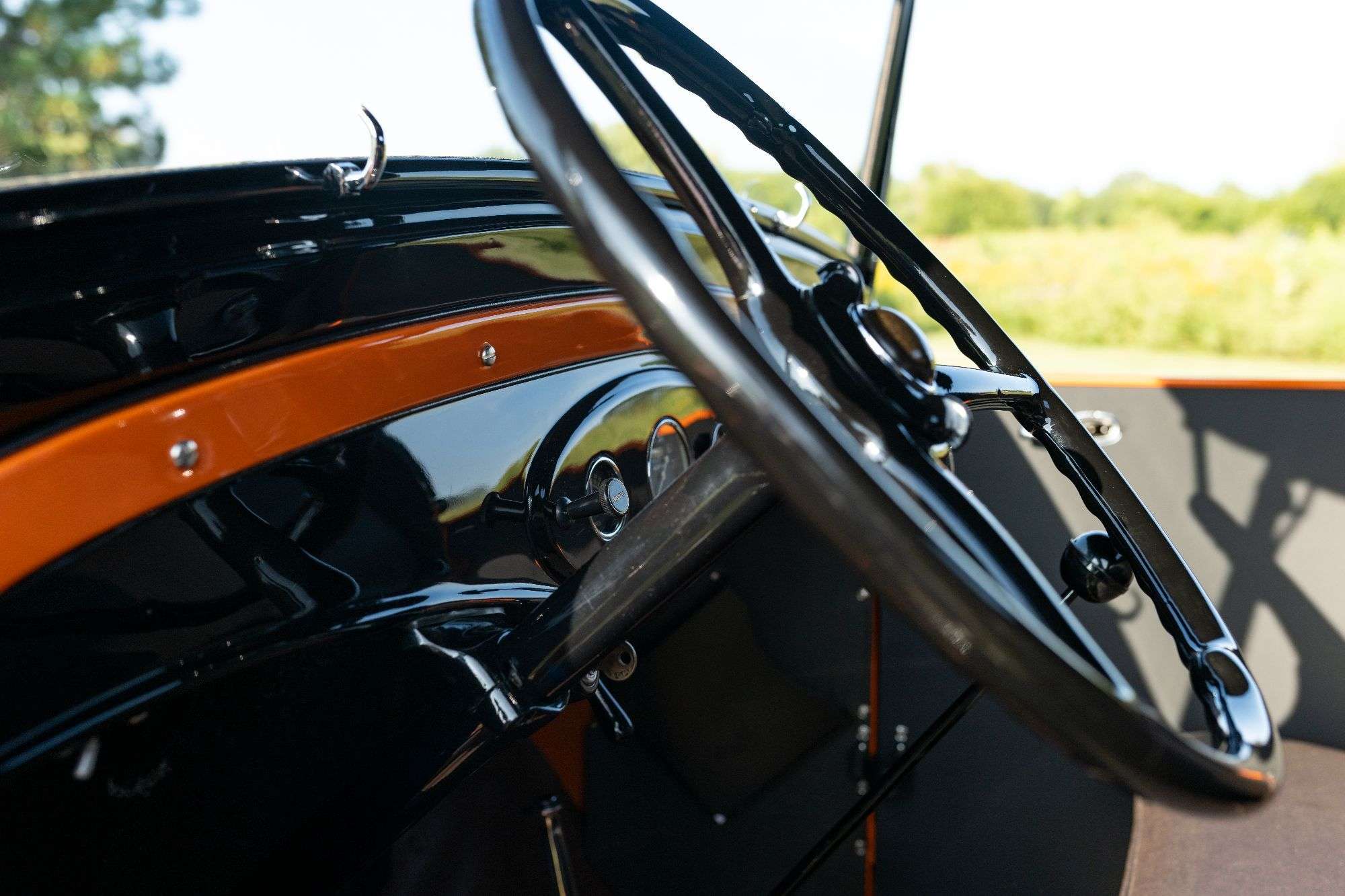 Steering wheel and dashboard inside the 1933 Ford V8 Roadster Pickup
