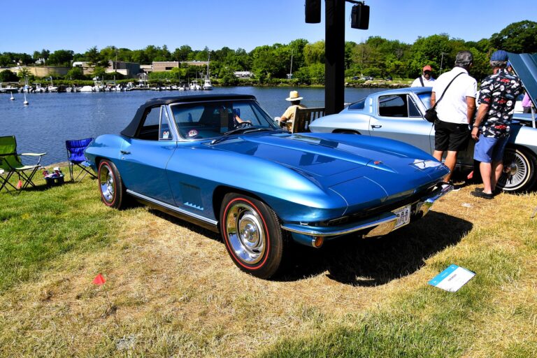 Blue 1967 Chevrolet Corvette Sting Ray convertible at a waterfront car show