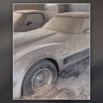 Dust-covered silver-beige 1982 Chevrolet Corvette Collector Edition with finned aluminum wheels and Goodyear Eagle GT tires parked in a garage beside another C3 Corvette