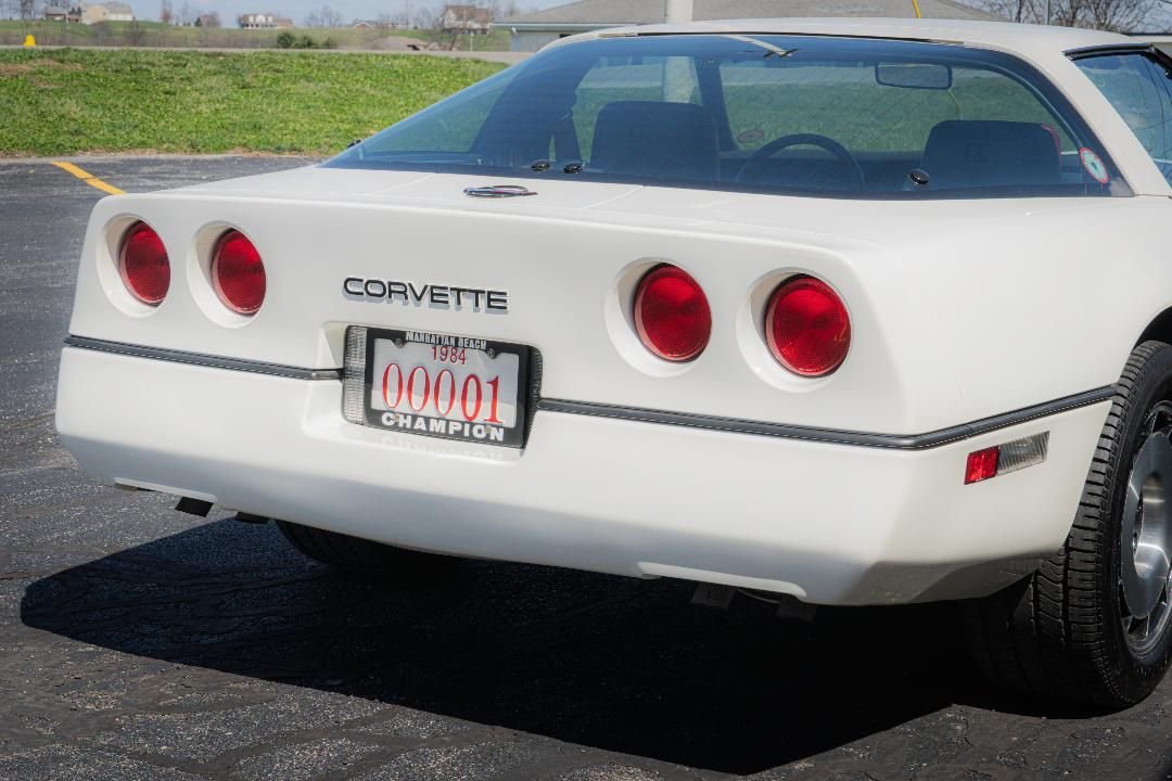 Rear view of the 1984 Corvette with 00001 license plate