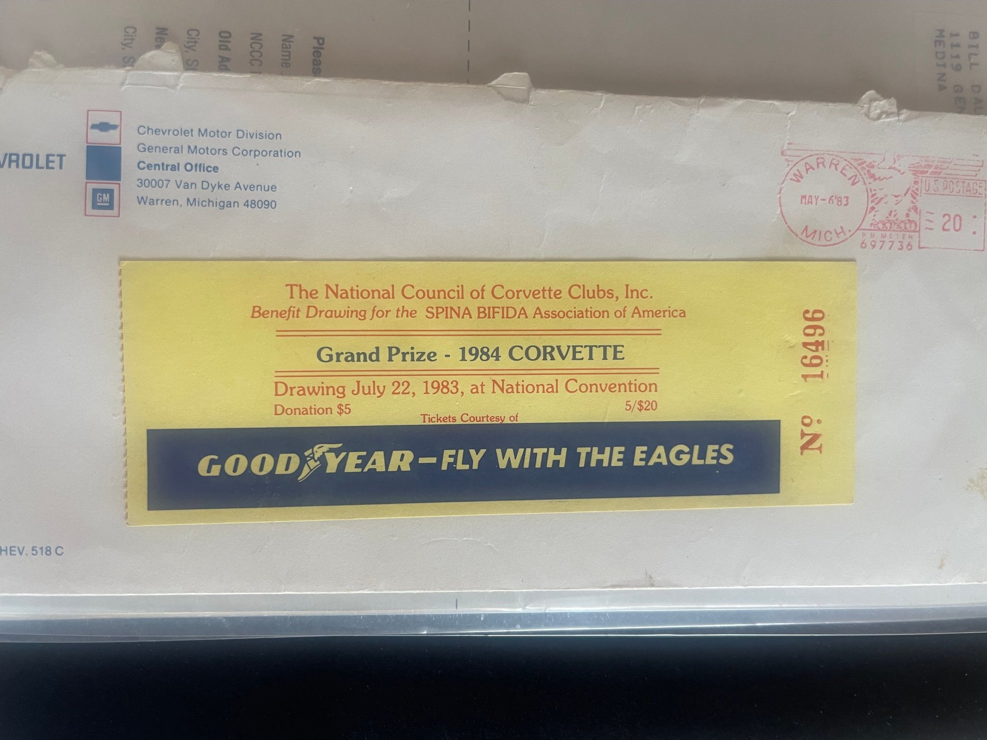 Original paperwork envelope with National Council of Corvette Clubs sticker