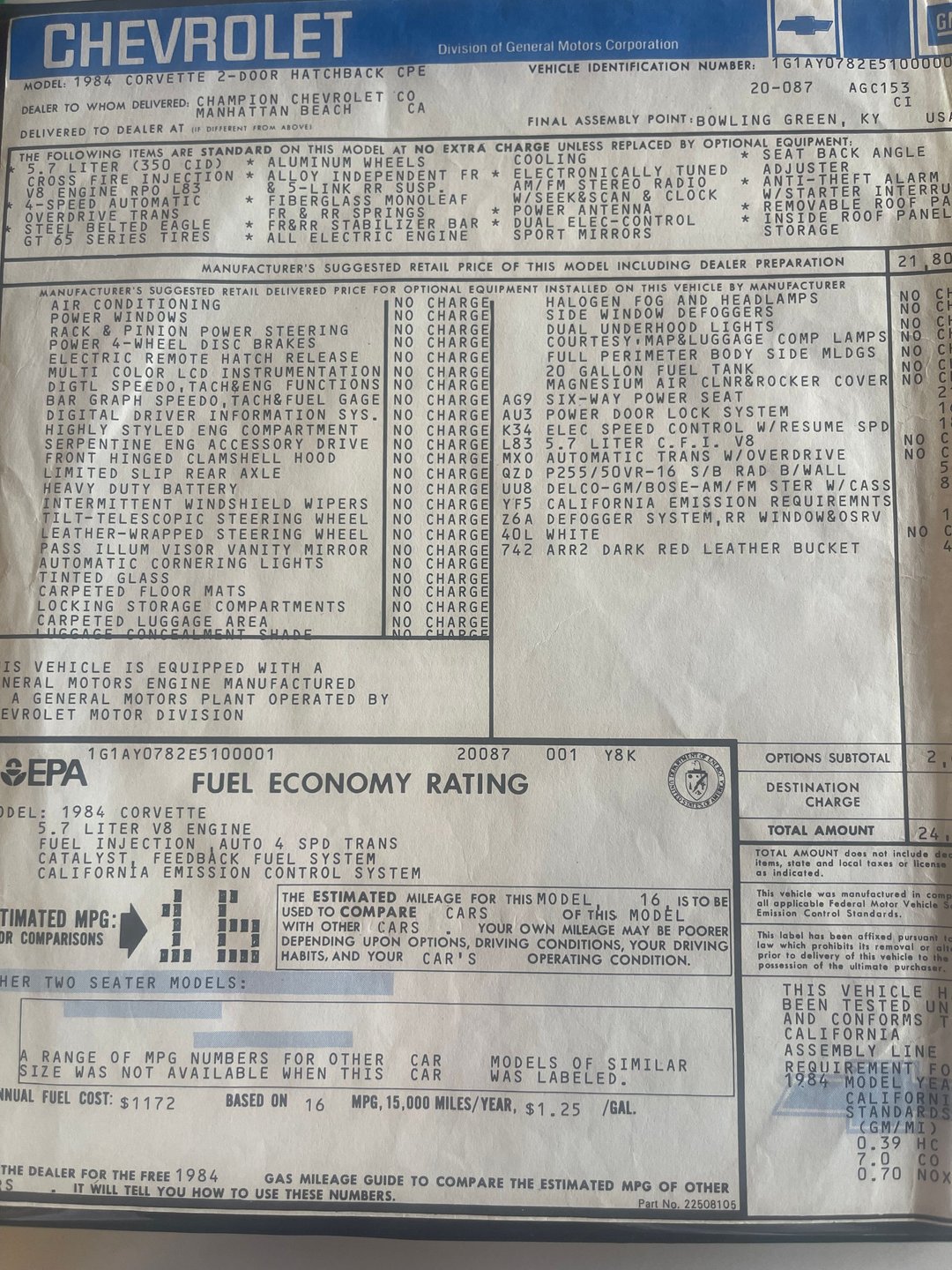 Original window sticker for the 1984 Corvette
