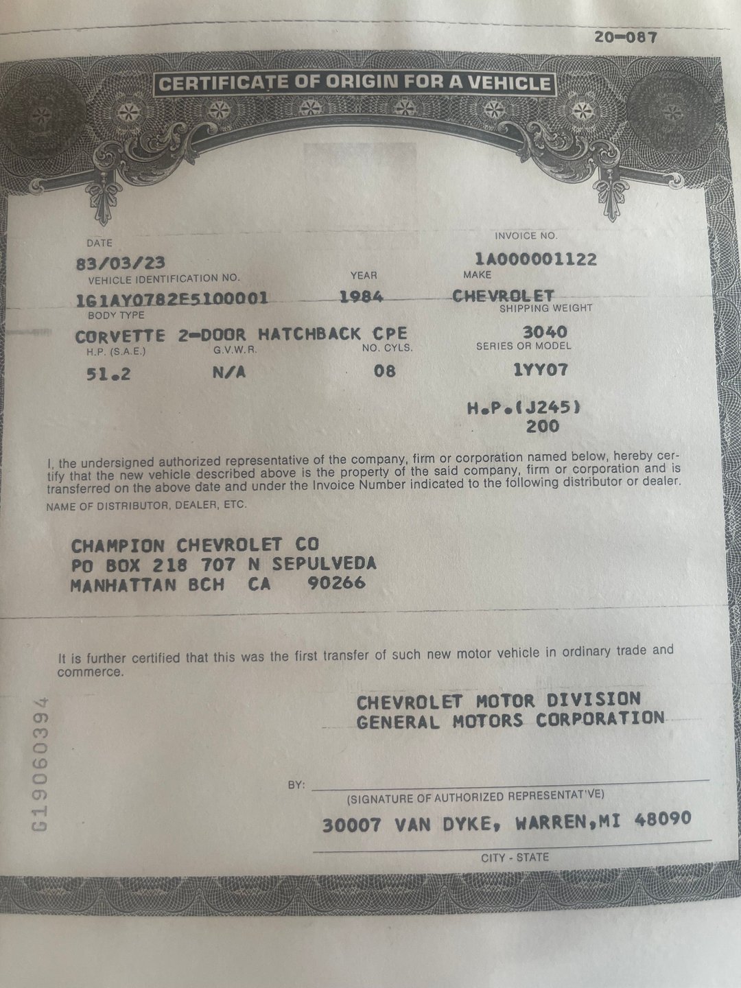 Certificate of origin for the 1984 Corvette