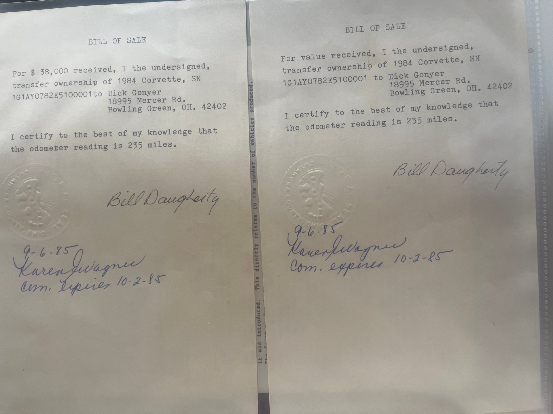 Bill of sale documents for the 1984 Corvette