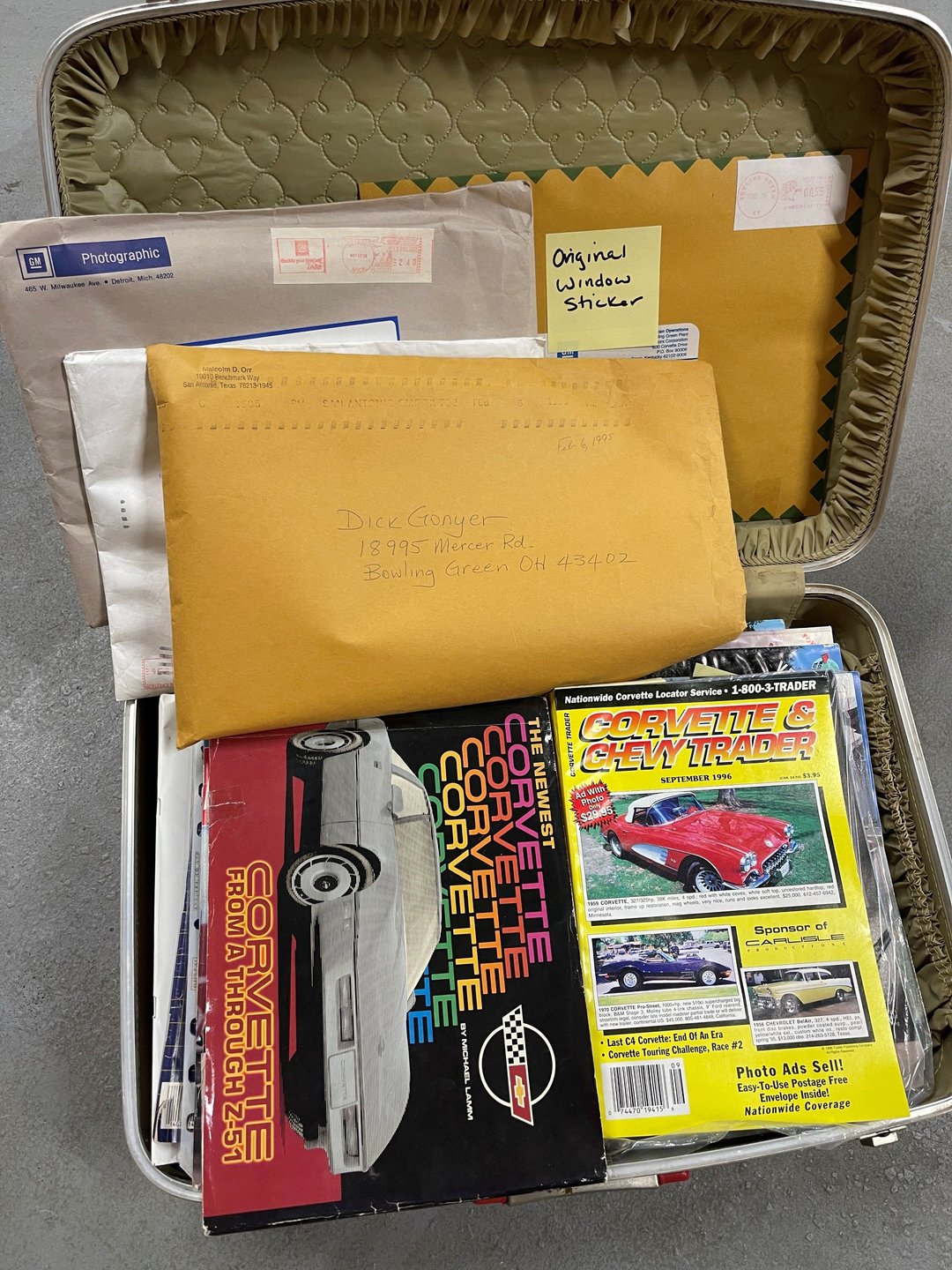 Suitcase of documentation and magazines that come with the 1984 Corvette
